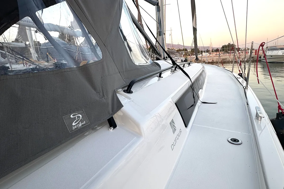 Deck of Celini, a Dufour 41 sailboat at Kos, Greece