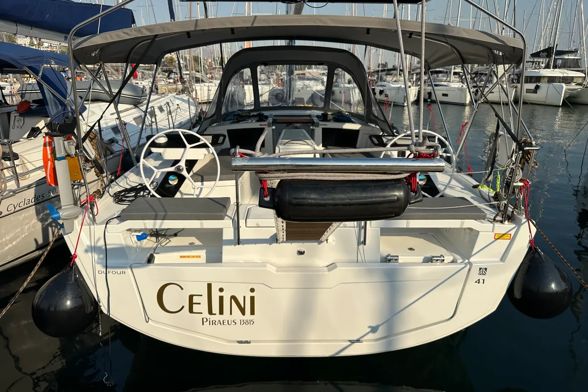 Exterior view of Celini, a Dufour 41 sailboat at Kos, Greece