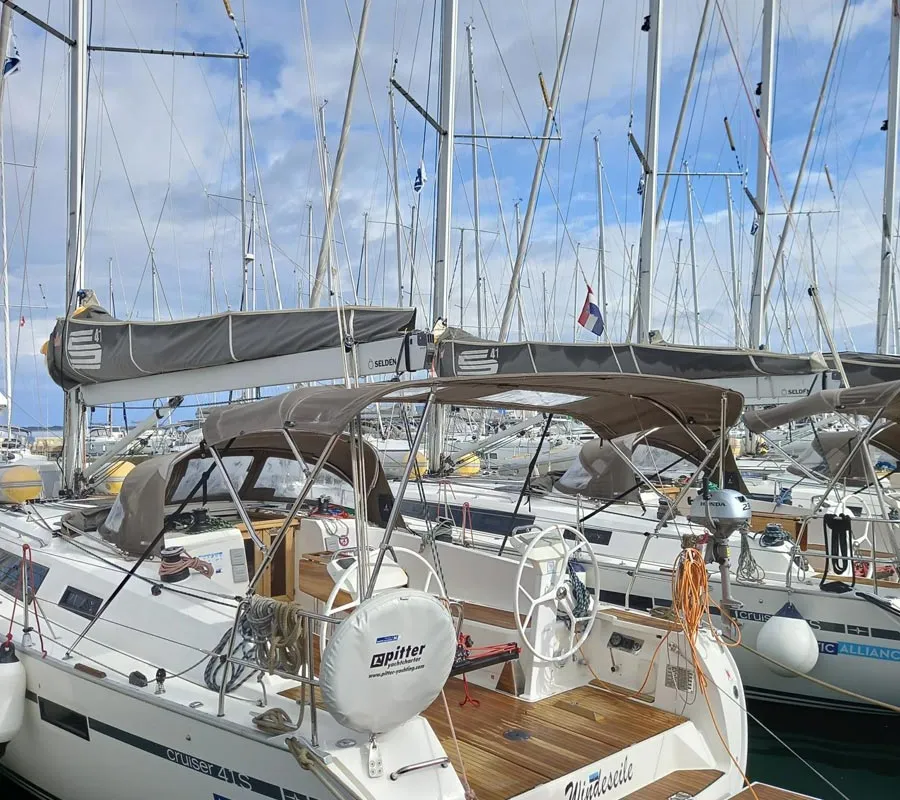Exterior view of WindesEile (20), a Bavaria Cruiser 41S sailboat at Murter, Croatia