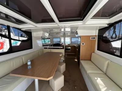 Salon of Bali Catspace, a catamaran at Sipias, Greece