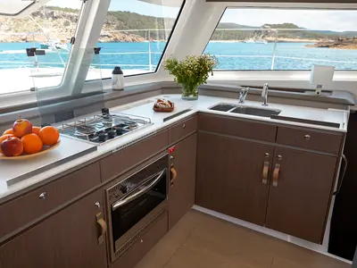 Galley of Deep Breath, a Bali Catspace catamaran at Pirovac, Croatia