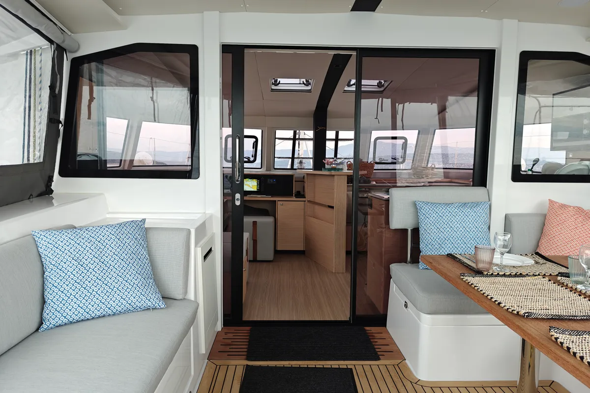 Deck of Neguinha, a Nautitech 44 Open catamaran at Grad Kaštela, Croatia