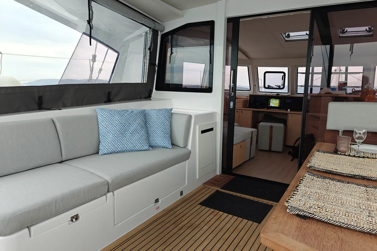 Salon of Neguinha, a Nautitech 44 Open catamaran at Grad Kaštela, Croatia