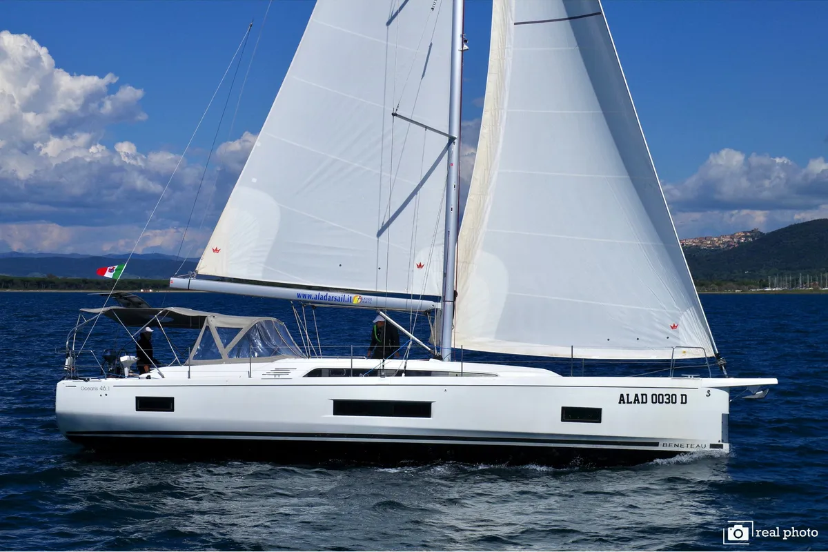 Exterior view of Luna, a Beneteau Oceanis 46.1 sailboat at Puntone di Scarlino, Italy