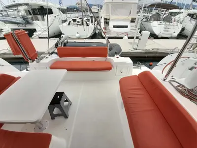 Deck of Saint Andrew, a Excess 11 catamaran at Lavreotiki, Greece