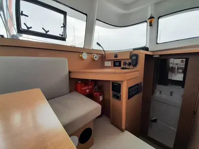 Cockpit of Saint Andrew, a Excess 11 catamaran at Lavreotiki, Greece