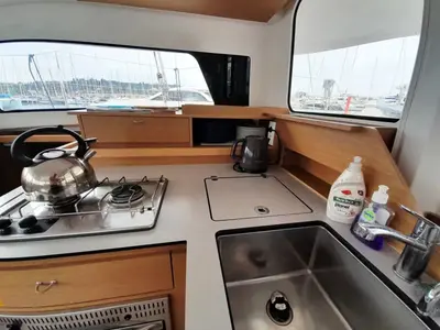 Galley of Saint Andrew, a Excess 11 catamaran at Lavreotiki, Greece