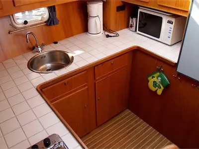 Galley of De Drait Renal 50, a motorboat at Drachten, Netherlands