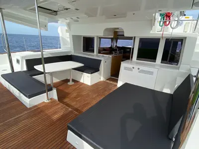 Deck of Fornes, a Lagoon 450 Fly catamaran at Ibiza, Spain