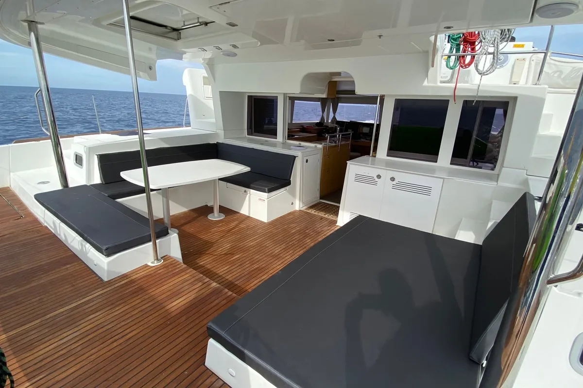 Deck of Fornes, a Lagoon 450 Fly catamaran at Ibiza, Spain