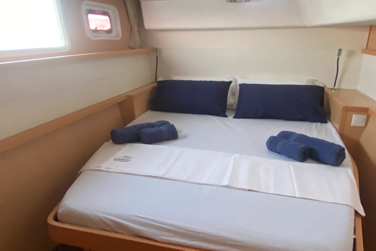 Cabin on Fornes, a Lagoon 450 Fly catamaran at Ibiza, Spain