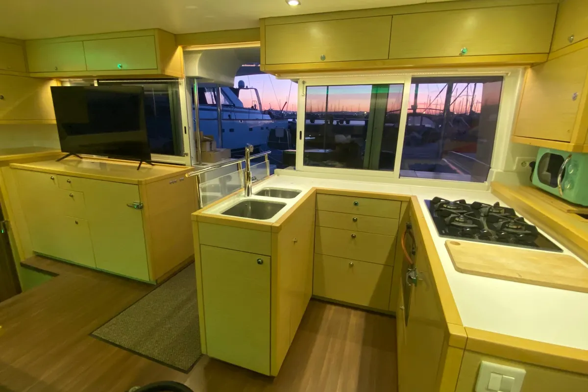 Galley of Fornes, a Lagoon 450 Fly catamaran at Ibiza, Spain