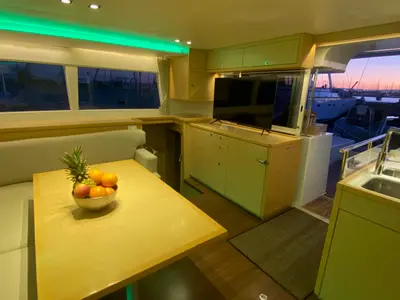 Salon of Fornes, a Lagoon 450 Fly catamaran at Ibiza, Spain