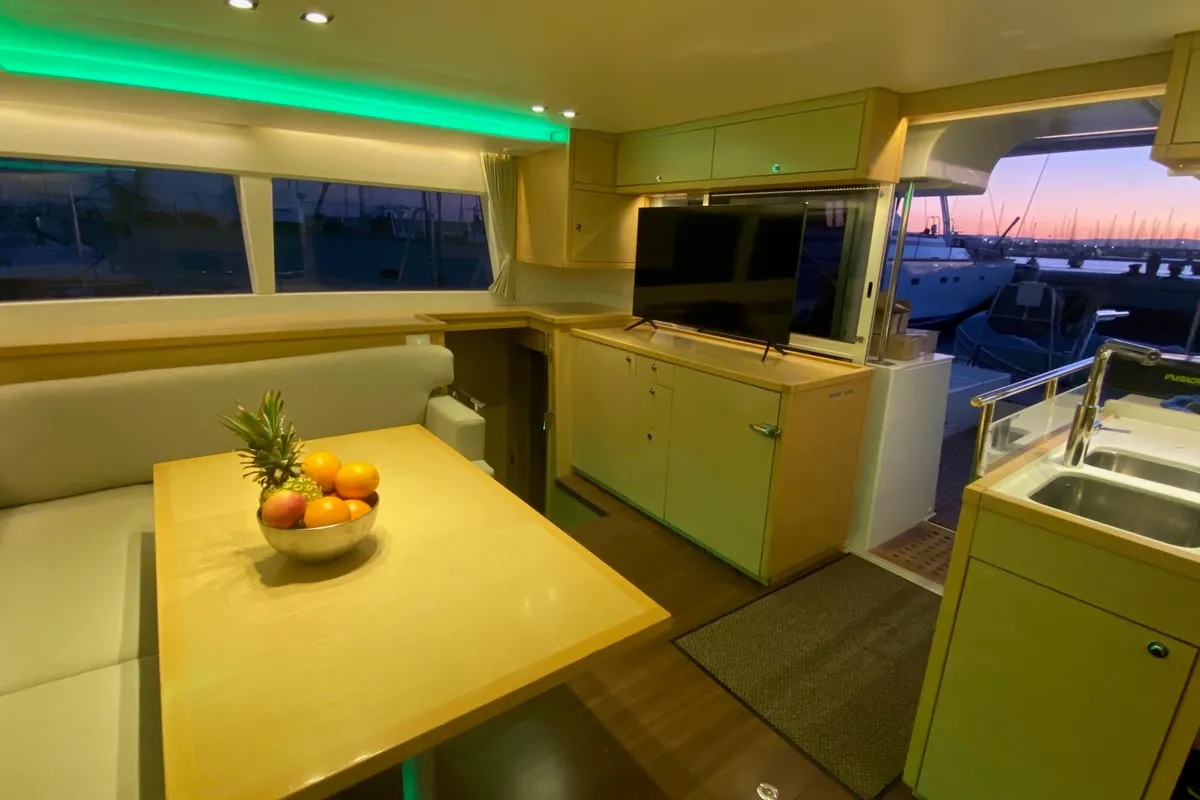 Salon of Fornes, a Lagoon 450 Fly catamaran at Ibiza, Spain