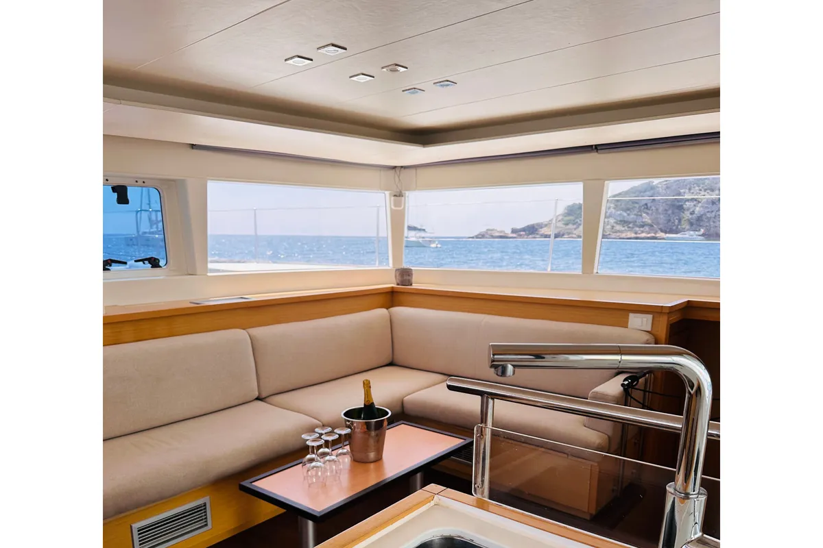 Salon of Fornes, a Lagoon 450 Fly catamaran at Ibiza, Spain