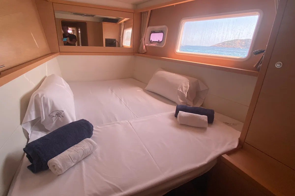 Cabin on Fornes, a Lagoon 450 Fly catamaran at Ibiza, Spain
