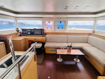 Cockpit of Fornes, a Lagoon 450 Fly catamaran at Ibiza, Spain