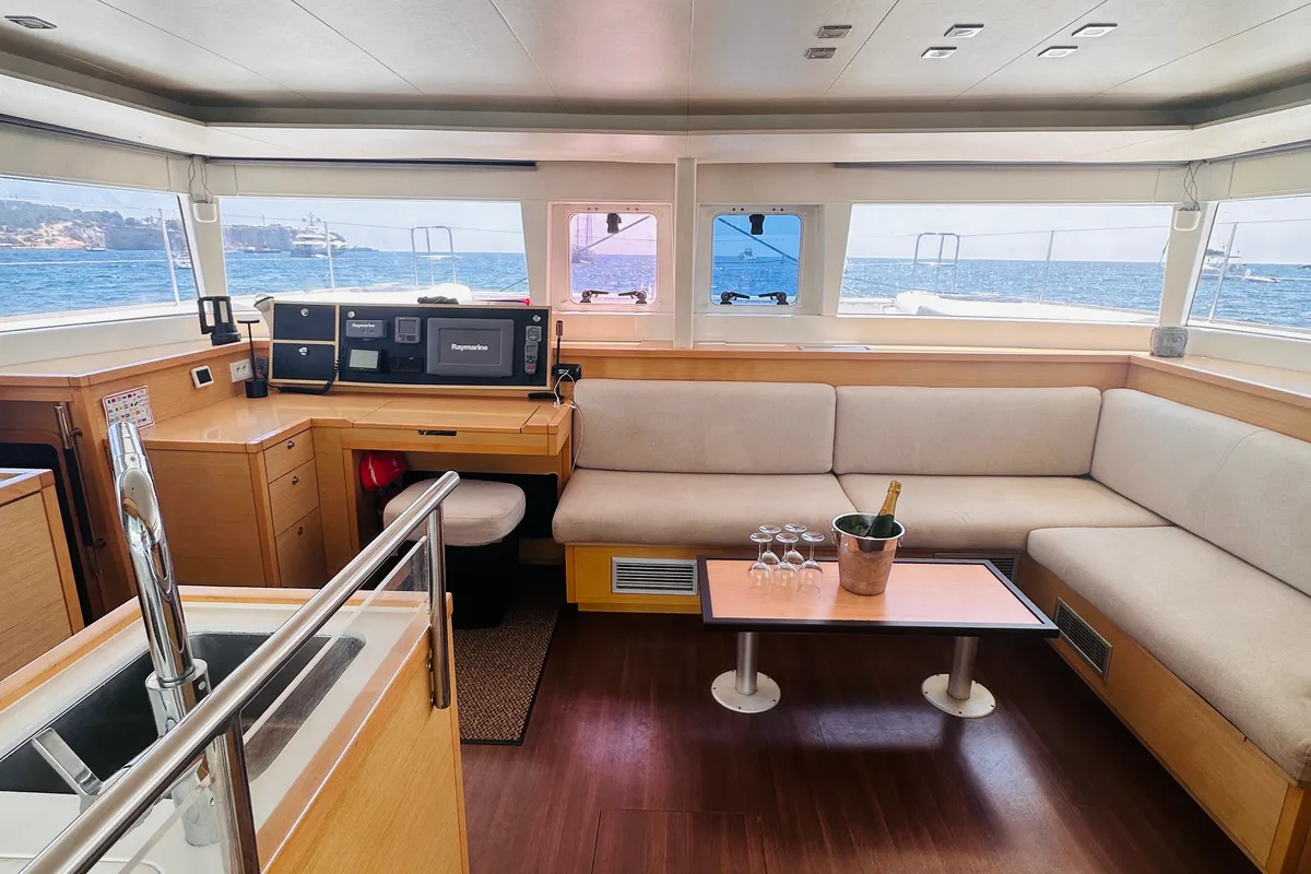 Cockpit of Fornes, a Lagoon 450 Fly catamaran at Ibiza, Spain