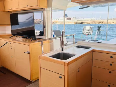 Galley of Fornes, a Lagoon 450 Fly catamaran at Ibiza, Spain