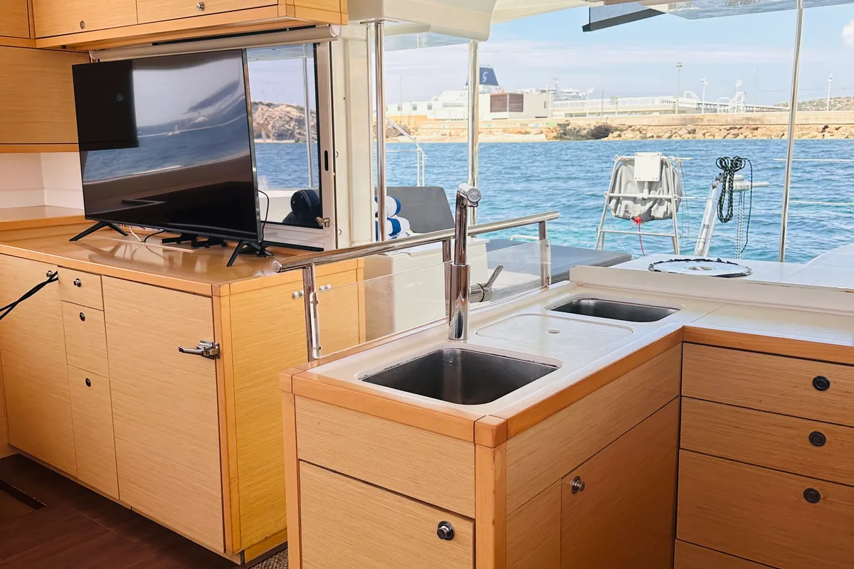 Galley of Fornes, a Lagoon 450 Fly catamaran at Ibiza, Spain