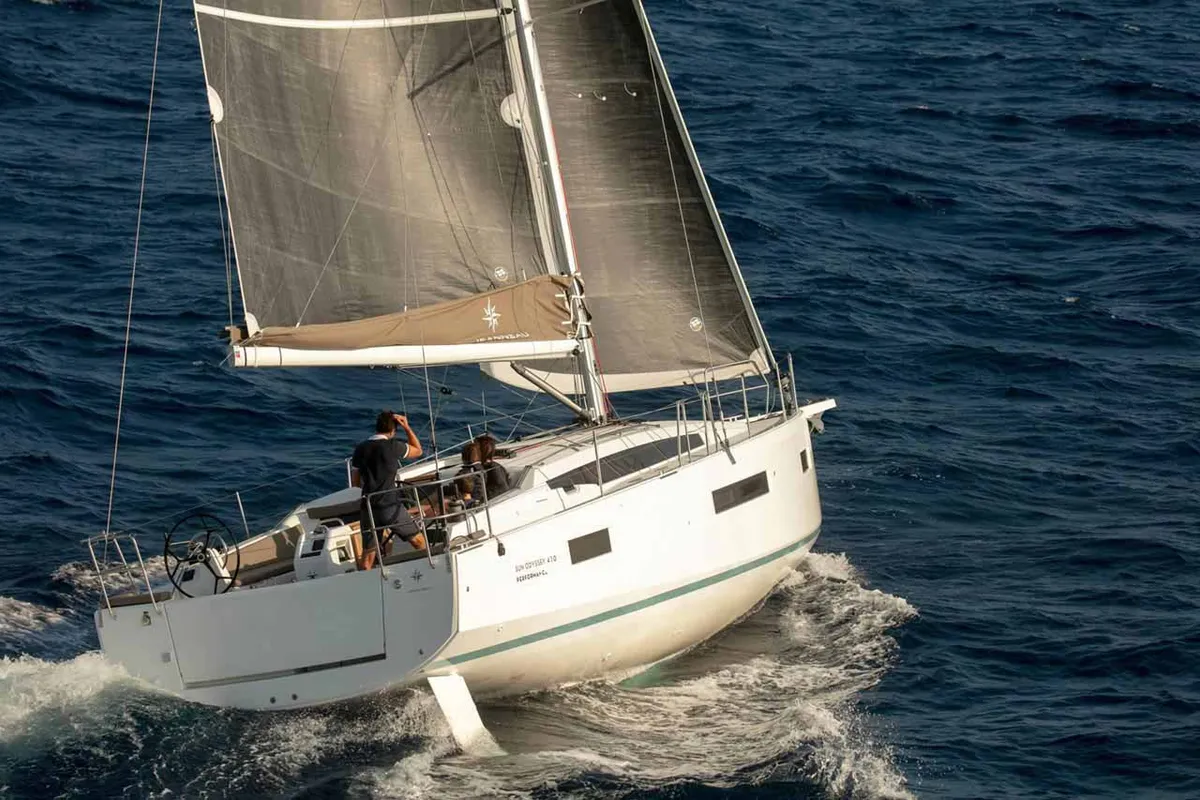 Exterior view of Turing Machine, a Jeanneau Sun Odyssey 410 sailboat at Grad Trogir, Croatia