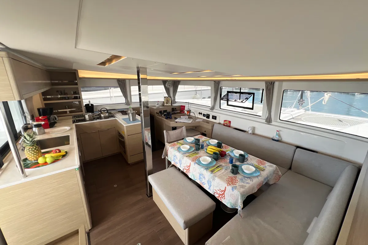 Salon of Moondance, a Lagoon 46 catamaran at Athens, Greece