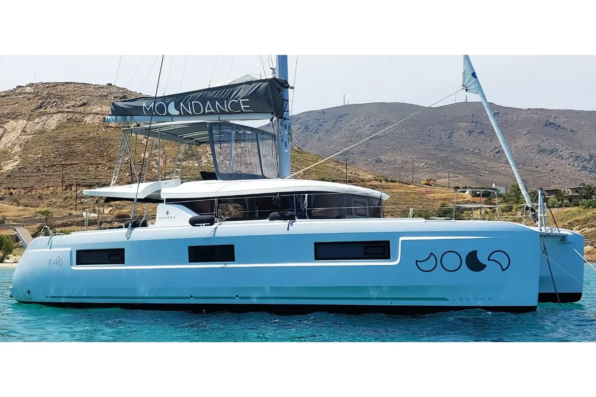 Exterior view of Moondance, a Lagoon 46 catamaran at Athens, Greece