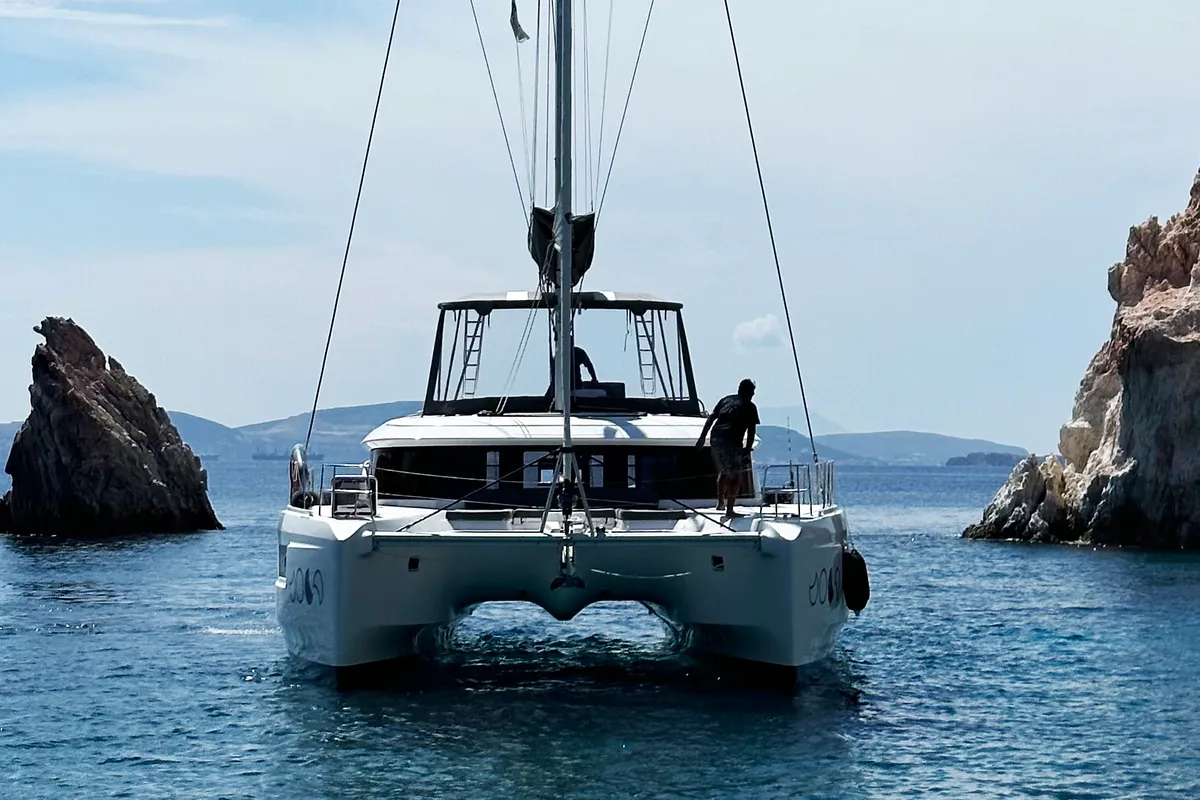 Exterior view of Moondance, a Lagoon 46 catamaran at Athens, Greece