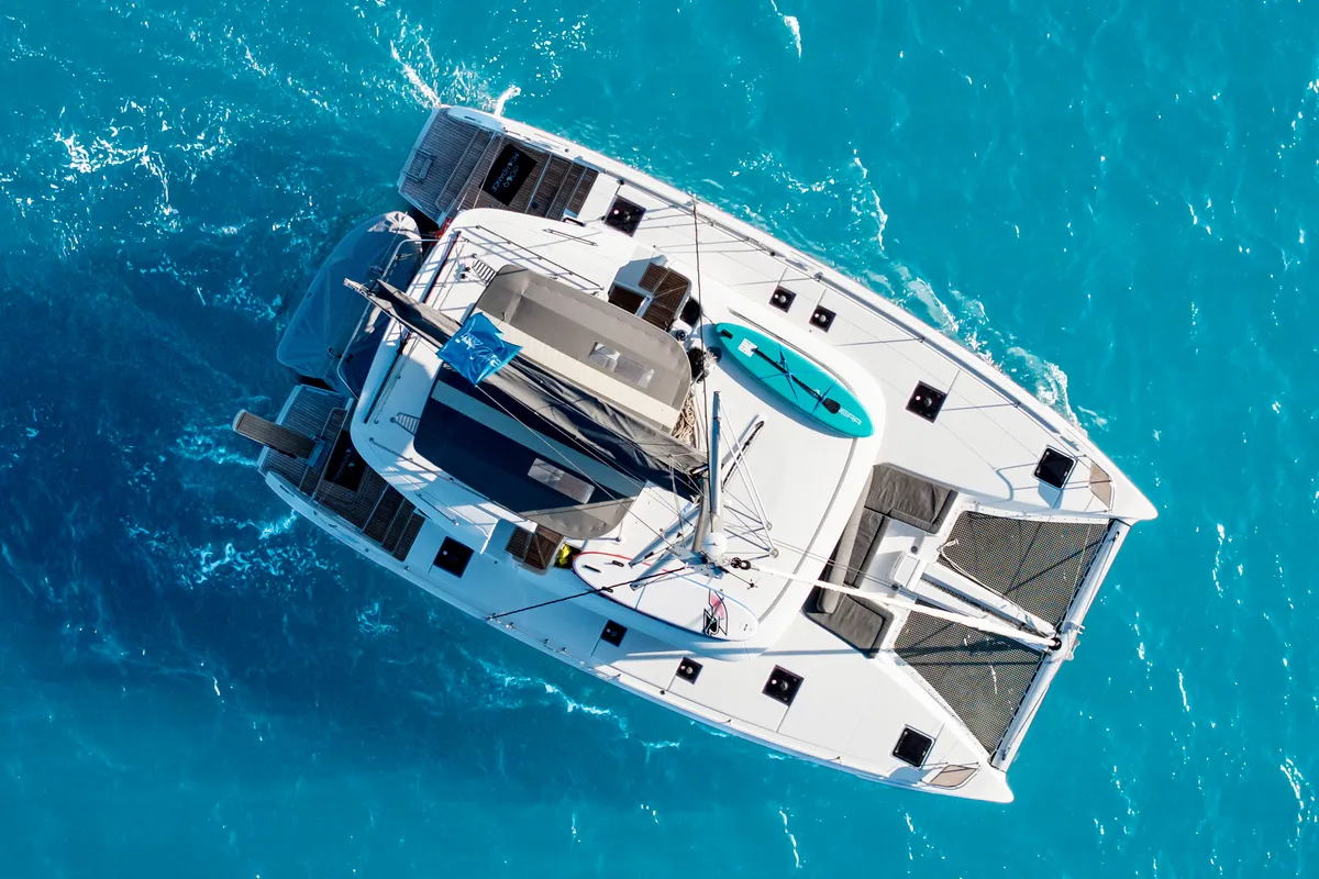 Exterior view of Moondance, a Lagoon 46 catamaran at Athens, Greece