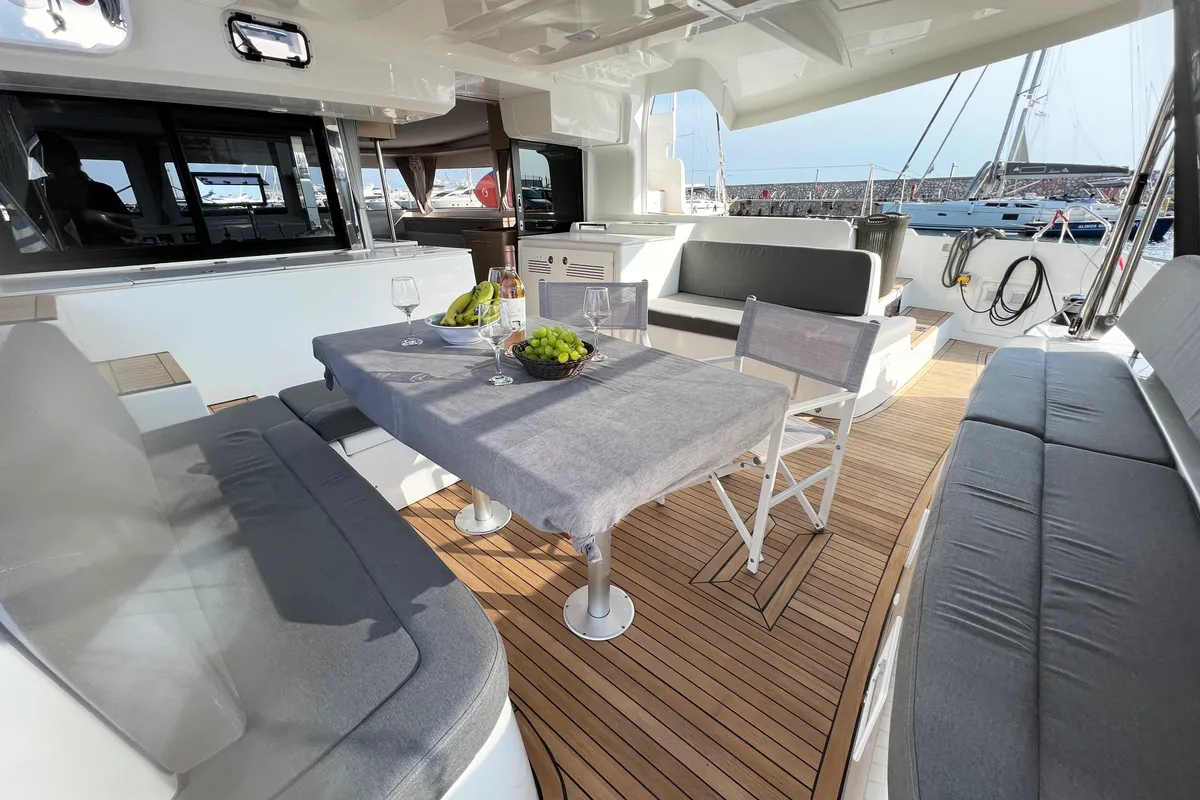 Deck of Moondance, a Lagoon 46 catamaran at Athens, Greece