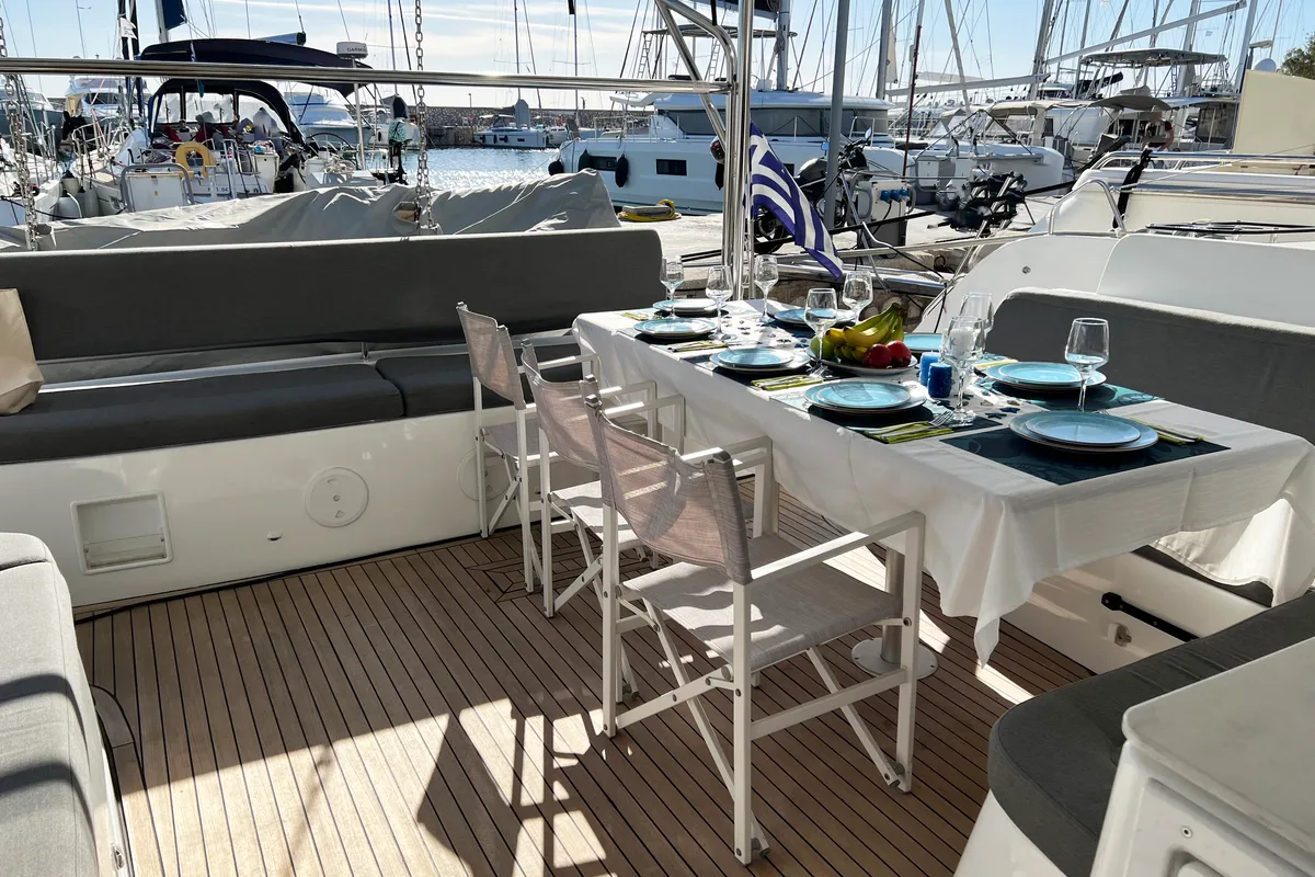 Deck of Moondance, a Lagoon 46 catamaran at Athens, Greece