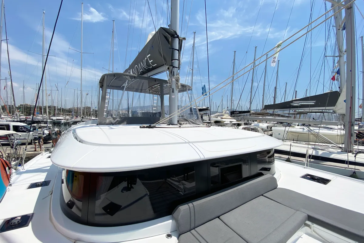 Deck of Moondance, a Lagoon 46 catamaran at Athens, Greece