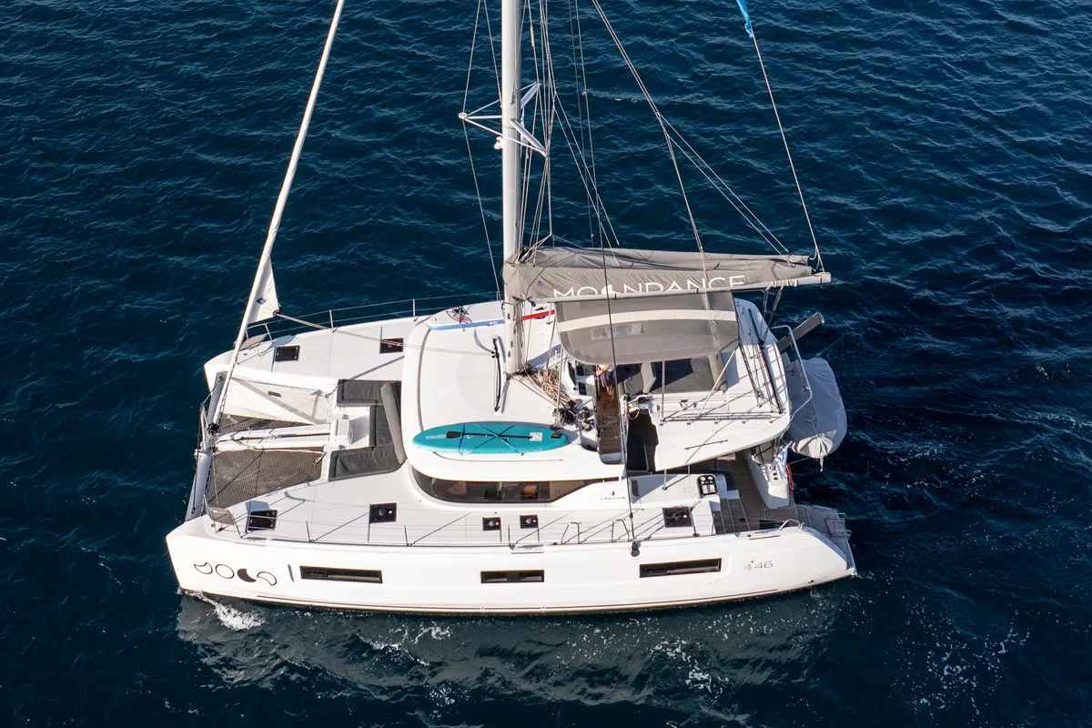 Exterior view of Moondance, a Lagoon 46 catamaran at Athens, Greece
