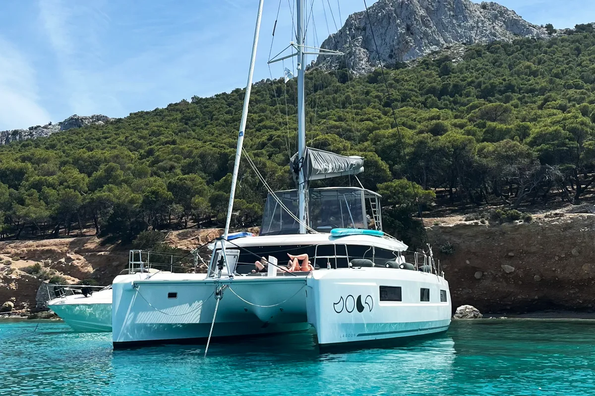Exterior view of Moondance, a Lagoon 46 catamaran at Athens, Greece