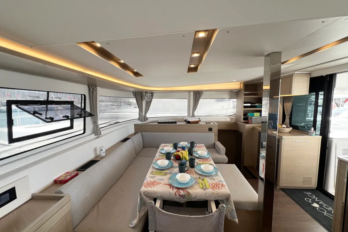 Salon of Moondance, a Lagoon 46 catamaran at Athens, Greece