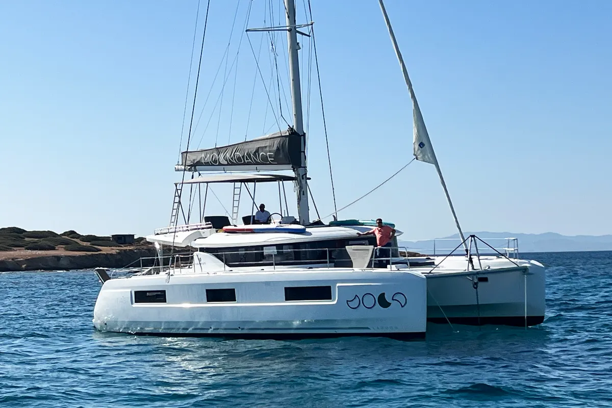 Exterior view of Moondance, a Lagoon 46 catamaran at Athens, Greece