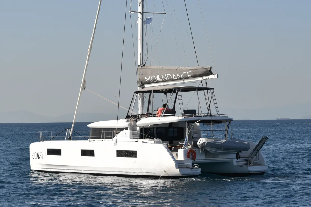 Exterior view of Moondance, a Lagoon 46 catamaran at Athens, Greece