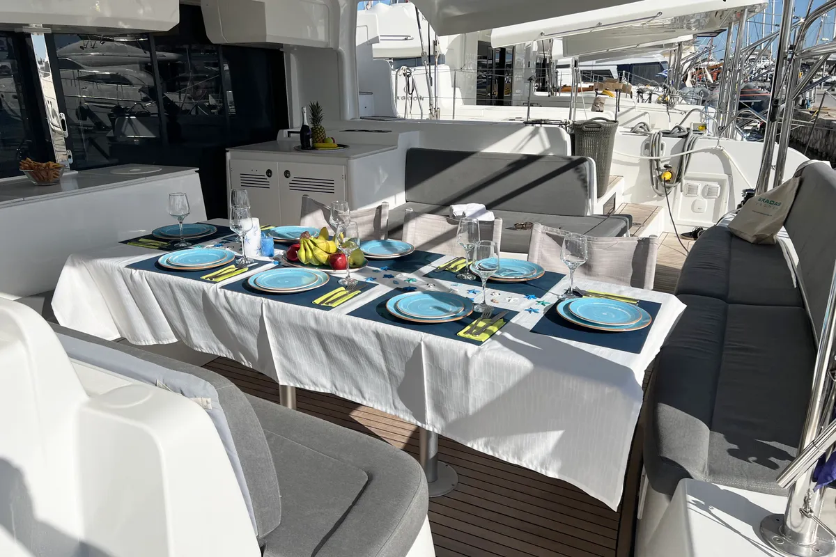 Deck of Moondance, a Lagoon 46 catamaran at Athens, Greece