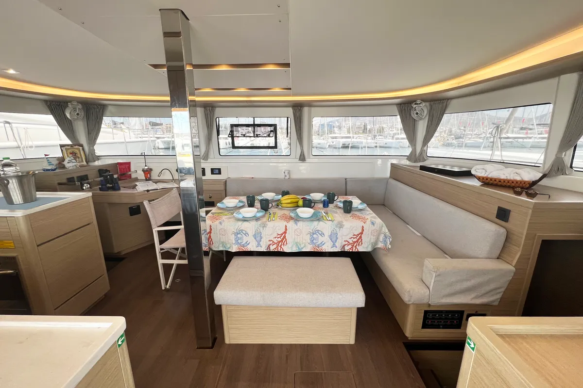 Salon of Moondance, a Lagoon 46 catamaran at Athens, Greece