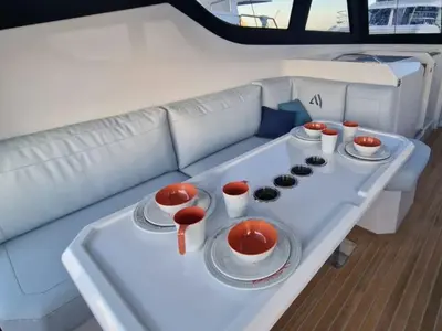 Deck of Falcon II, a Aventura 38 SC catamaran at Cogolin, France