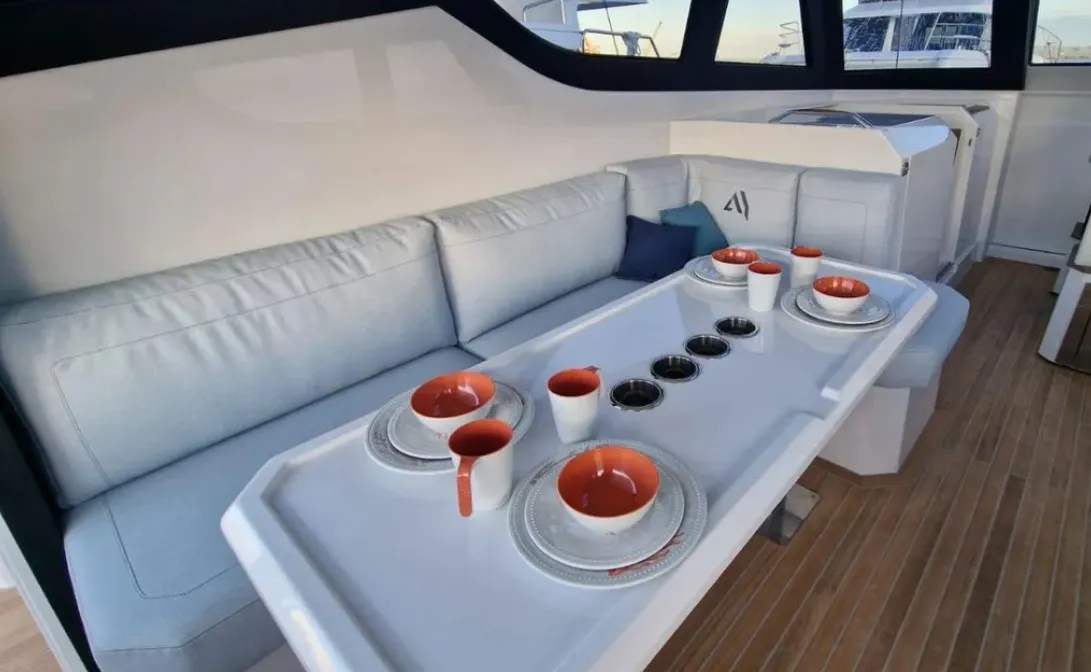Deck of Falcon II, a Aventura 38 SC catamaran at Cogolin, France