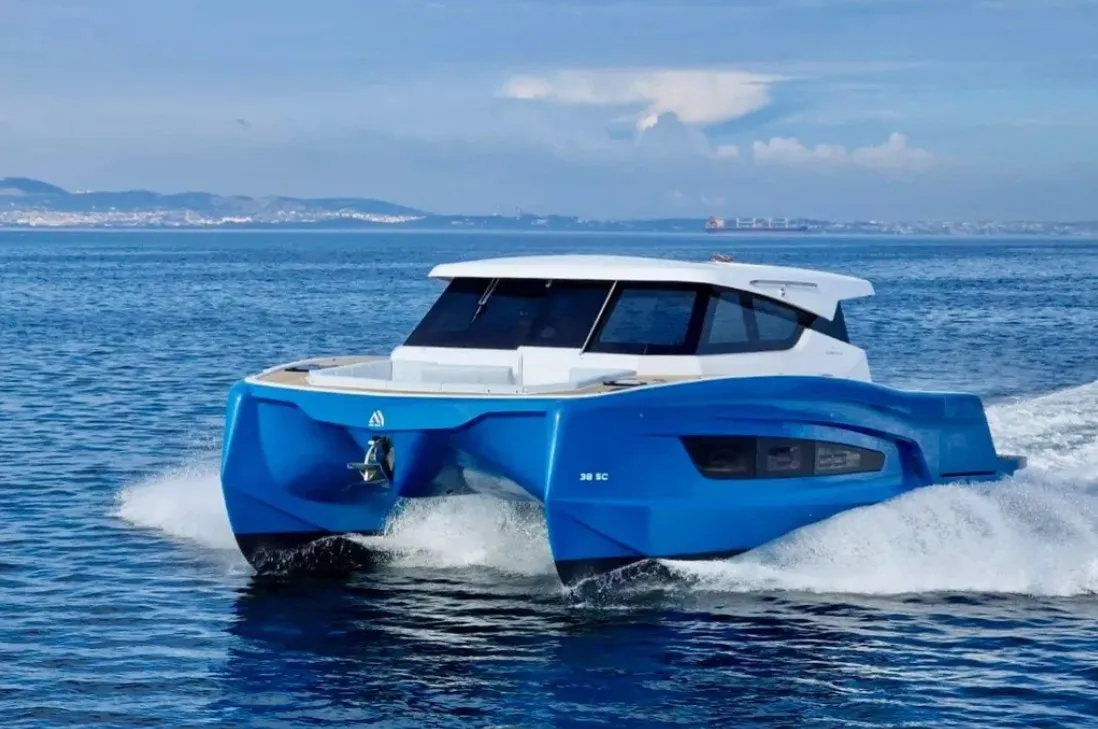Exterior view of Falcon II, a Aventura 38 SC catamaran at Cogolin, France
