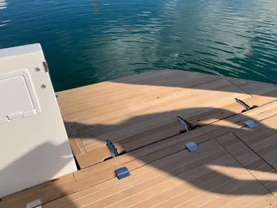 Deck of Falcon II, a Aventura 38 SC catamaran at Cogolin, France
