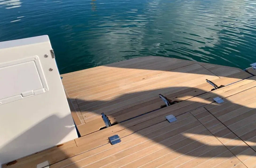 Deck of Falcon II, a Aventura 38 SC catamaran at Cogolin, France