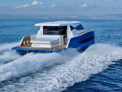 Exterior view of Falcon II, a Aventura 38 SC catamaran at Cogolin, France