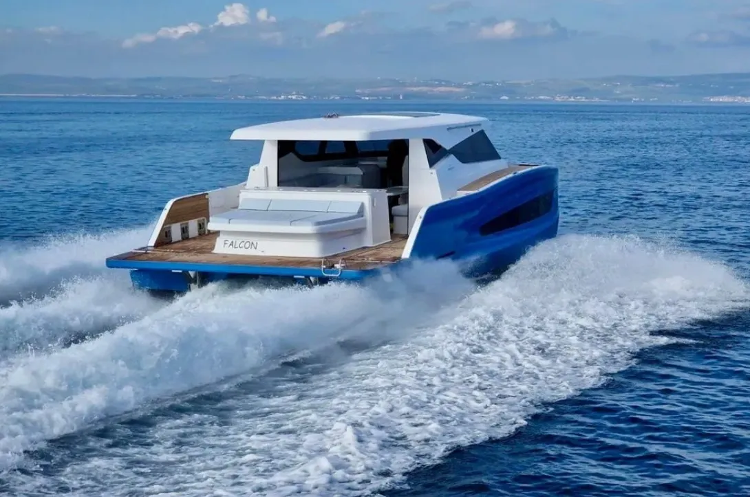 Exterior view of Falcon II, a Aventura 38 SC catamaran at Cogolin, France