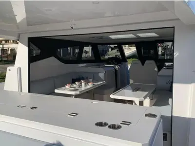 Deck of Falcon II, a Aventura 38 SC catamaran at Cogolin, France