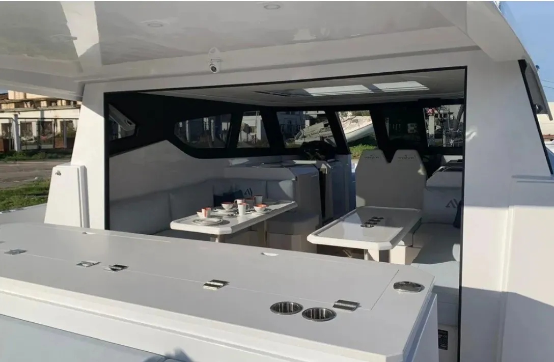 Deck of Falcon II, a Aventura 38 SC catamaran at Cogolin, France