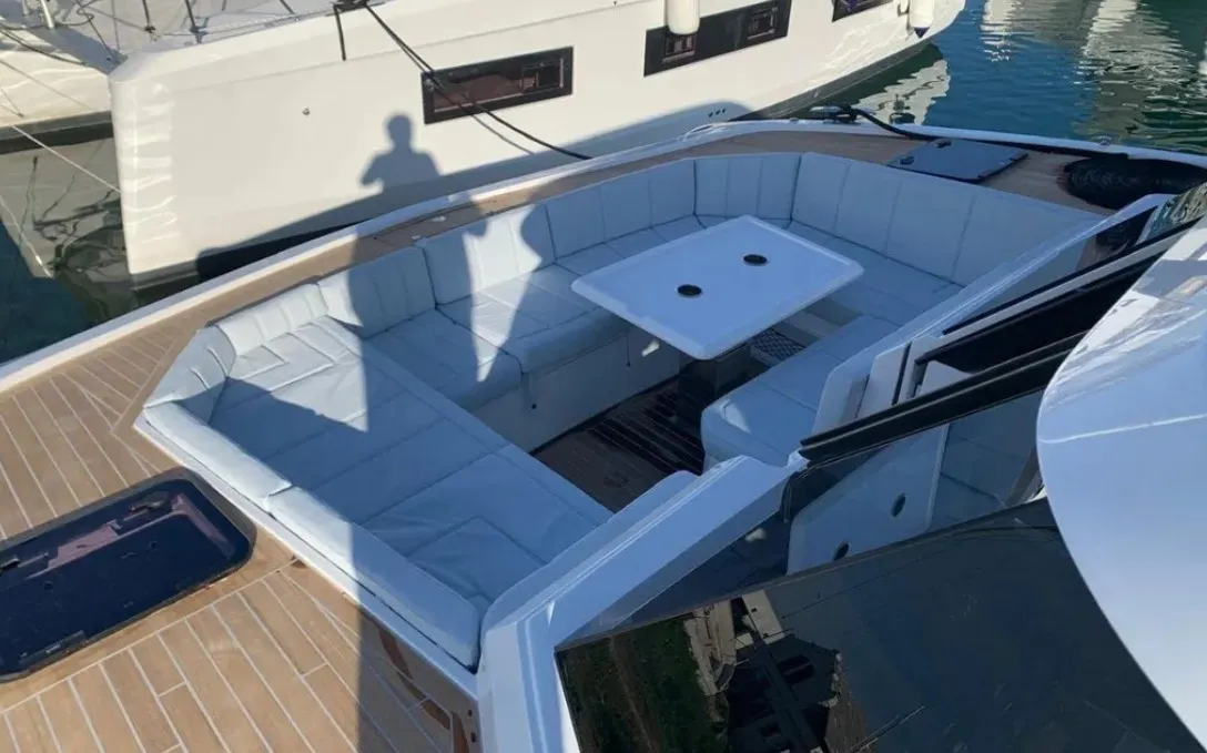 Deck of Falcon II, a Aventura 38 SC catamaran at Cogolin, France