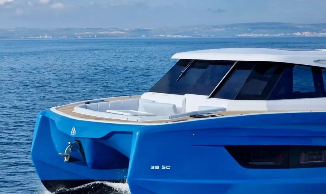 Exterior view of Falcon II, a Aventura 38 SC catamaran at Cogolin, France